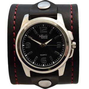 CuffWatches - Men's Wrap Around Cuff Watch - Black Leather With Red Stitching